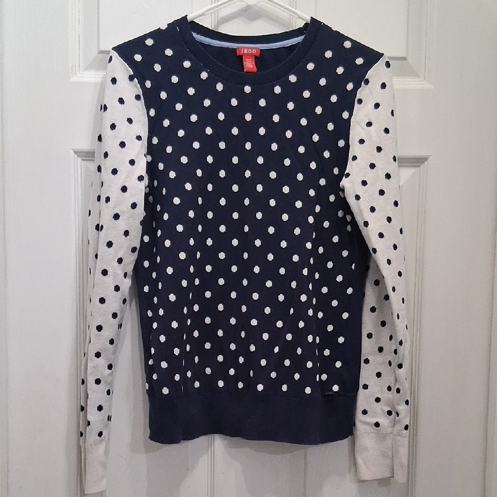 Izod Navy and White Polka Dot Sweater